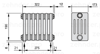 Схема (чертеж) Радиатор Zehnder Charleston 5019/7 №3570 Белый глянцевый RAL 9016